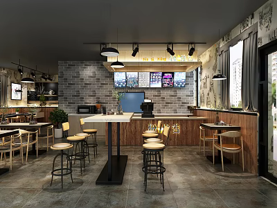 Modern Restaurant Interior With Brick Wall Wooden Counter Pendant Lights And Menu Screens 3d model