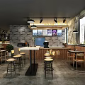 Modern Restaurant Interior With Brick Wall Wooden Counter Pendant Lights And Menu Screens
