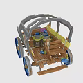 Wooden Cart With Metal Frame Yellow And Blue Wheels Mechanical Parts Design
