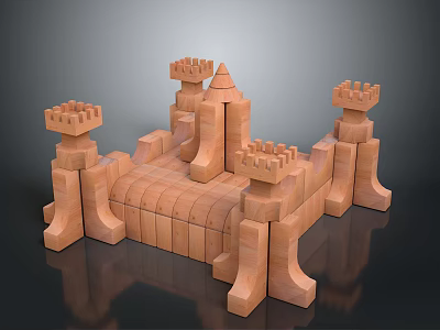 Wooden Castle Shape Building Blocks Construction Set With Tower And Wall Structures For Kids 3d model