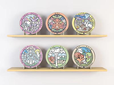 Various Handmade DIY Decorative Plates With Colorful Cartoon Patterns On Wooden Shelves 3d model