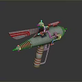Futuristic Sci Fi Weapon With Silver Metal Body Red Stripe Accents And Retro Futuristic Design