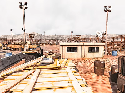 Outdoor Industrial Facility With Wooden Planks Metal Barrel Light Poles And Mountain Background 3d model