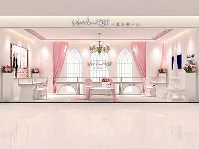 Elegant Jewelry Store Interior With Arched Windows Pink Curtains Chandelier White Counters And Fresh Flowers 3d model