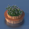 Circular Wooden Landscape Seating With Purple Flowers And Green Grass In Center