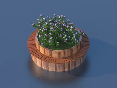 Circular Wooden Landscape Seating With Purple Flowers And Green Grass In Center 3d model