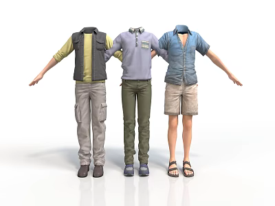 Three Mannequins Wearing Casual Outdoor Clothing With Vests Shirts And Shorts 3d model