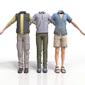 Three Mannequins Wearing Casual Outdoor Clothing With Vests Shirts And Shorts