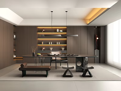 Modern Tea Room Interior With Wooden Walls Long Table Tea Sets And Warm Lighting 3d model