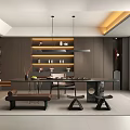 Modern Tea Room Interior With Wooden Walls Long Table Tea Sets And Warm Lighting