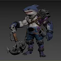 Shark Themed Doll With Muscular Design Metal Armor Chain Details And Hook Weapon