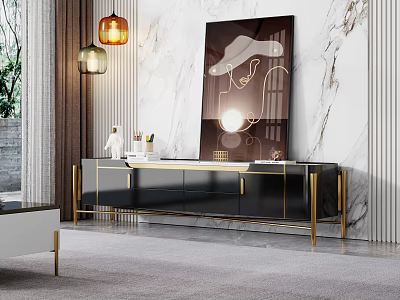 Modern Luxury TV Stand With Black Body Gold Metal Legs And Marble Wall Art Design 3d model