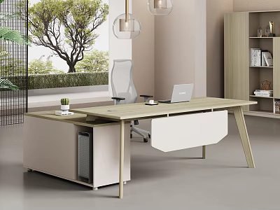 Modern Light Wood Office Desk With Laptop Potted Plant And Window Tree View 3d model