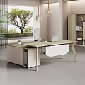 Modern Light Wood Office Desk With Laptop Potted Plant And Window Tree View