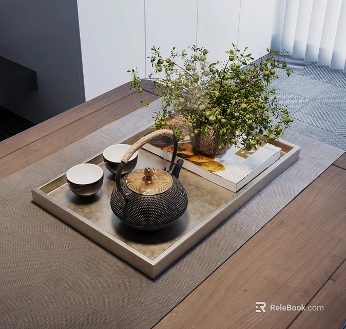 Traditional Tea Set With Ceramic Teapot Teacups On Wooden Tray And Green Plant Decoration 3d model 