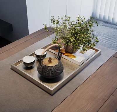 Traditional Tea Set With Ceramic Teapot Teacups On Wooden Tray And Green Plant Decoration 3d model