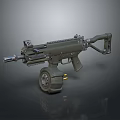 Green Military Machine Gun With Tactical Scope Bipod And Ammo Chain