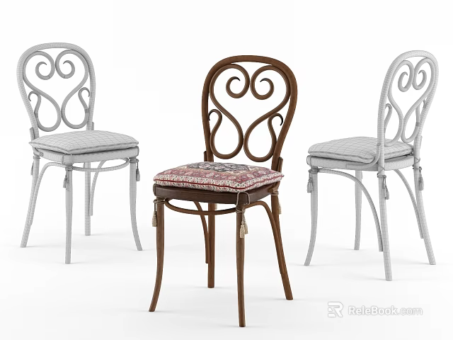Elegant Dining Chairs With Curved Backrest Design And Padded Seats In Brown And White Hues 3d model 