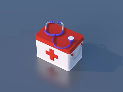 Red And White First Aid Kit With Purple Stethoscope And Red Cross Symbol 3d model