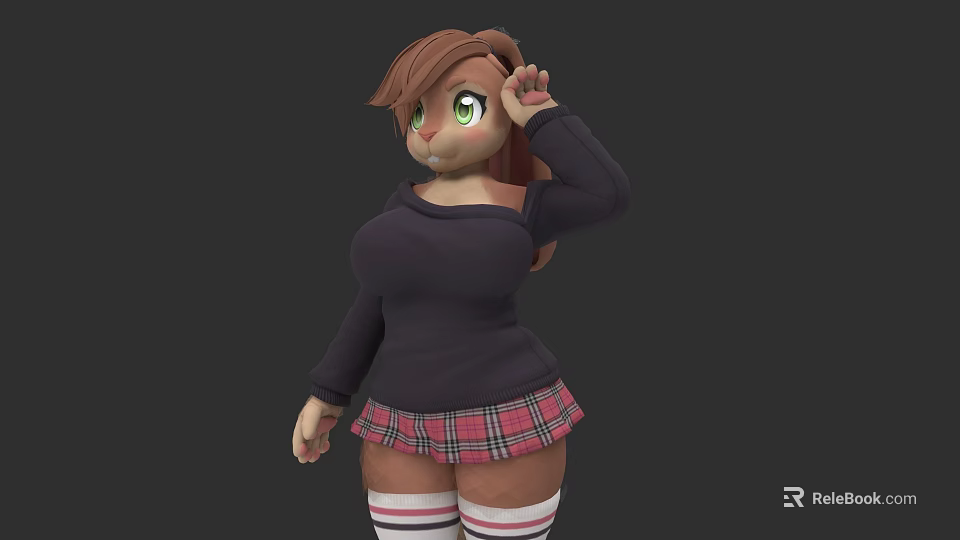 Woman with brown hair green eyes wearing black long-sleeve top red plaid skirt striped stockings 3d model 