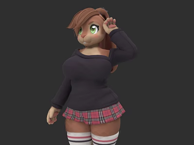 Woman with brown hair green eyes wearing black long-sleeve top red plaid skirt striped stockings 3d model