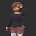 Woman with brown hair green eyes wearing black long-sleeve top red plaid skirt striped stockings