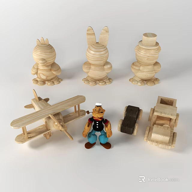 Wooden Dolls And Toys Set With Airplane Car And Cartoon Character Figure 3d model 