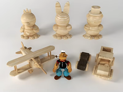 Wooden Dolls And Toys Set With Airplane Car And Cartoon Character Figure 3d model