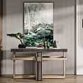 Elegant Modern Console Table Interior With Chinese Landscape Painting Bonsai And Decorative Items 3d model