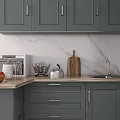 Modern Gray Kitchen Interior With Marble Wall Wooden Countertop And Appliances