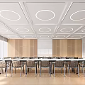 Modern Conference Room Interior With Long Table Chairs Wooden Walls And Circular Ceiling Lights