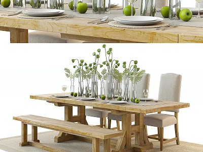 Wooden Dining Table Set With Bench Chairs Green Apples Plants In Vases And Tableware 3d model