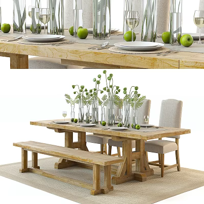 Wooden Dining Table Set With Bench Chairs Green Apples Plants In Vases And Tableware 3d model