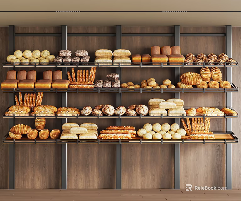 Assorted Fresh Baked Bread and Pastries Displayed on Multiple Metal Shelves Against Warm Wooden Wall 3d model 