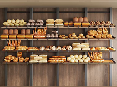 Assorted Fresh Baked Bread and Pastries Displayed on Multiple Metal Shelves Against Warm Wooden Wall 3d model