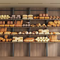 Assorted Fresh Baked Bread and Pastries Displayed on Multiple Metal Shelves Against Warm Wooden Wall