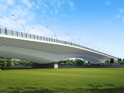Modern Streamlined Bridge With Street Lamps Over Green Grass Under Blue Sky 3d model