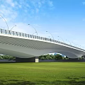 Modern Streamlined Bridge With Street Lamps Over Green Grass Under Blue Sky