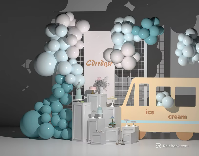 Pastel Balloon Decorated Party Setup With Ice Cream Truck And Carrier Backdrop 3d model 