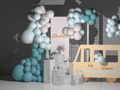 Pastel Balloon Decorated Party Setup With Ice Cream Truck And Carrier Backdrop 3d model