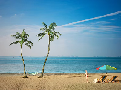 Tropical Garden Landscape With Palm Trees Blue Sea Beach Colorful Umbrella And Deck Chairs 3d model