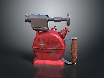 Vintage Red Manual Pump Equipment With Metal Components And Wooden Handle 3d model