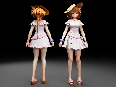 Woman with Braided Orange Hair Yellow Hat White Dress Purple Bracelets Sandals Back Front Views 3d model