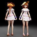 Woman with Braided Orange Hair Yellow Hat White Dress Purple Bracelets Sandals Back Front Views