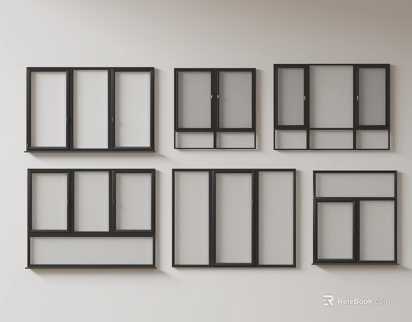 Various Styles Casement Windows with Black Frames and Varied Pane Designs Mounted on Light Wall 3d model 