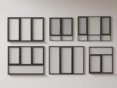 Various Styles Casement Windows with Black Frames and Varied Pane Designs Mounted on Light Wall 3d model