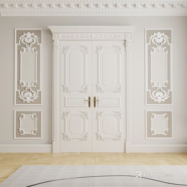 Classical White Double Doors With Carved Details Symmetrical Wall Panels And Light Wooden Flooring 3d model 
