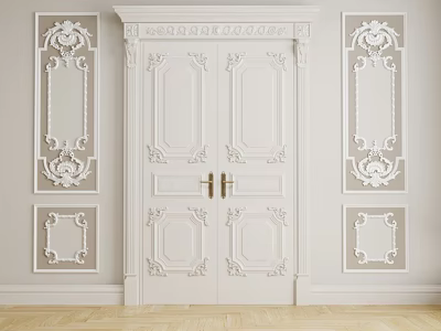 Classical White Double Doors With Carved Details Symmetrical Wall Panels And Light Wooden Flooring 3d model