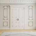 Classical White Double Doors With Carved Details Symmetrical Wall Panels And Light Wooden Flooring