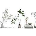 Minimalist Indoor Tabletop With Decorative Vases And Green Leaf Plants Statue And Books